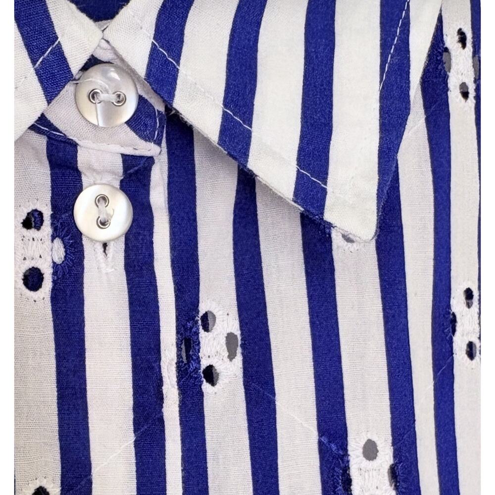 Allison Daley Striped Floral Eyelet Cotton Button Front Shirt Blue White Career - Picture 4 of 9